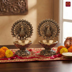 Brass Dancing Peacock on Diya - 7.5cm | Antique Finish | Spritual use for Pooja, Temple & Festival Decor (Pack of 2)