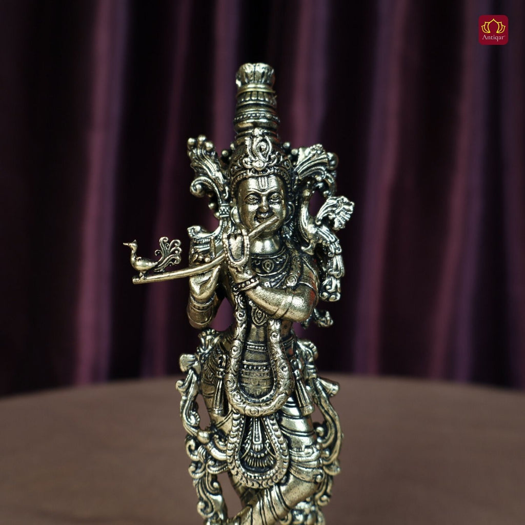 Brass Lord Krishna Idol Playing with Flute - 15cm | Antique Finish | Handcrafted Artwork | Home & Office Decor | Ideal for Gifting & Spiritual Blessings