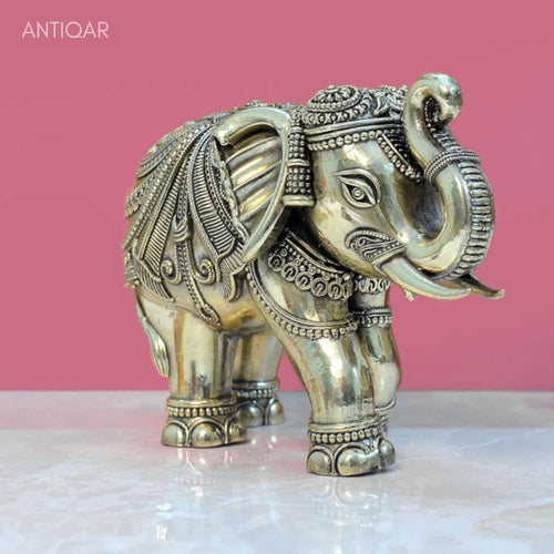 Brass Elephant Showpiece in Floral Design - 6.5cm | Antique Golden Finish | Decorative Figurines for Temple, Home & Office