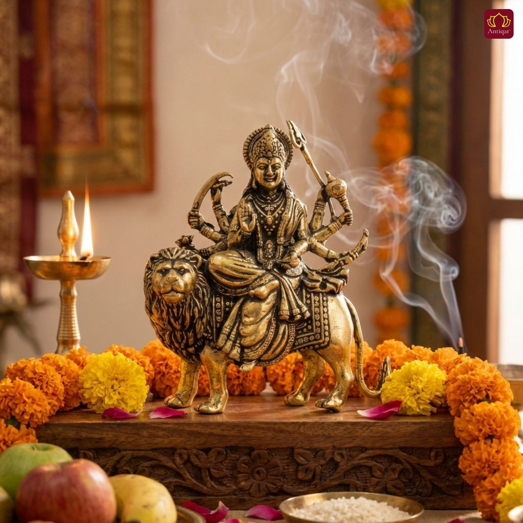 Brass Sherawali Maa Idol - 7.5cm | Sitting on Lion | Antique Golden Finish | Spiritual Idol for Temple & Home Decor