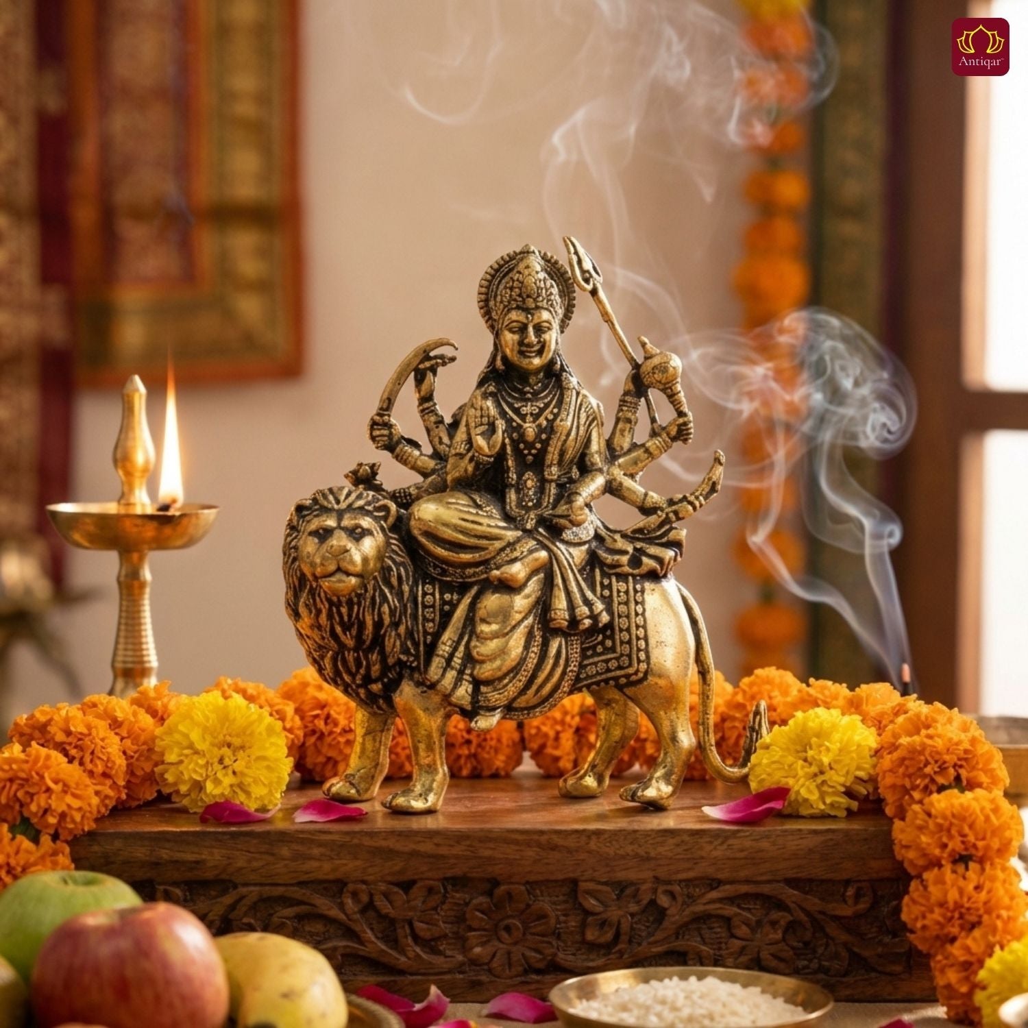 Brass Sherawali Maa Idol - 7.5cm | Sitting on Lion | Antique Golden Finish | Spiritual Idol for Temple & Home Decor