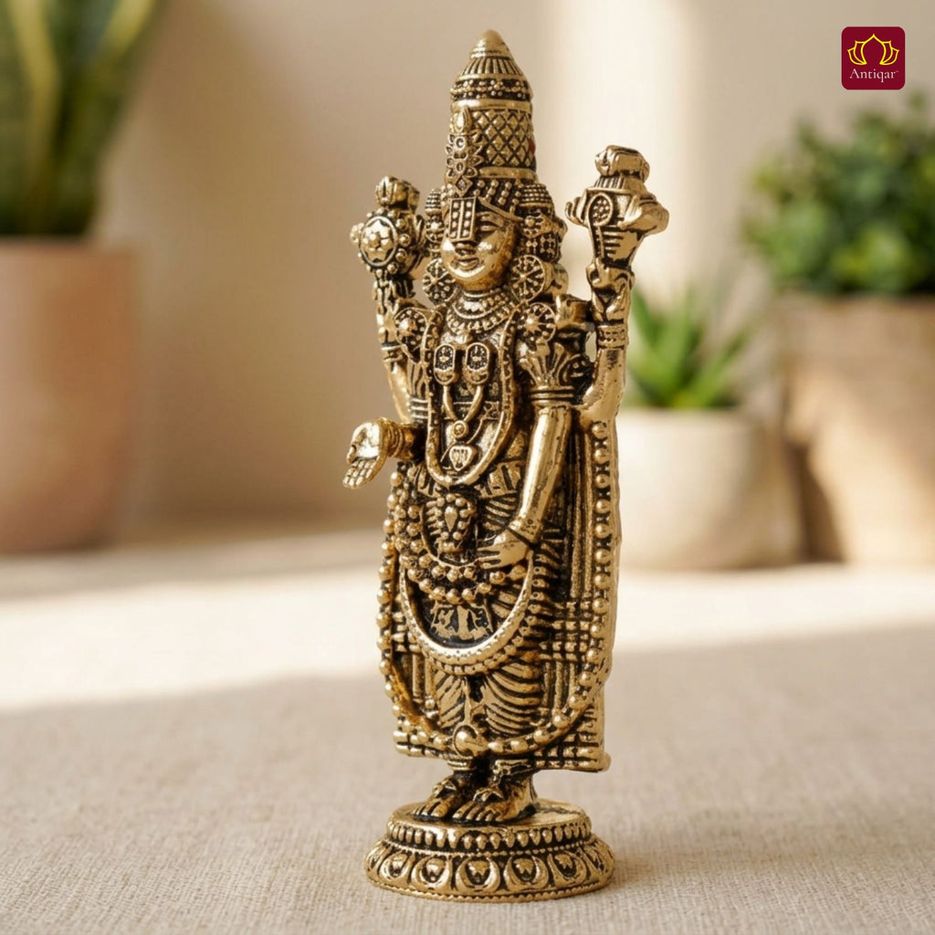 Brass Tirupathi Balaji Idol - 10cm | Golden Finish | Handcrafted Idol for Temple, Home & Car Dashboard