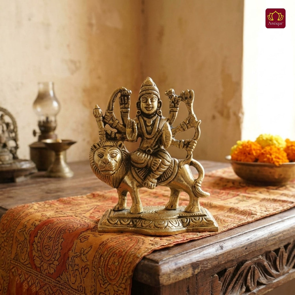 Brass Sherawali Mata Idol – 10 cm | Sitting on Lion | Black Antique Finish | Handcrafted Idol for Temple, Home & Car Dashboard Decor