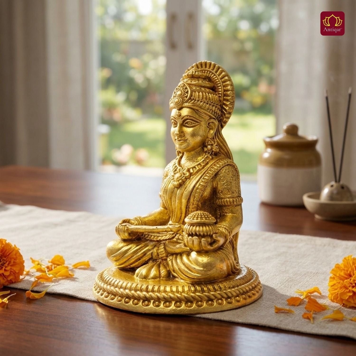 Brass Annapurna Devi Idol - 6cm | Antique Golden Finish | Spiritual Idol for Temple & Home Decor