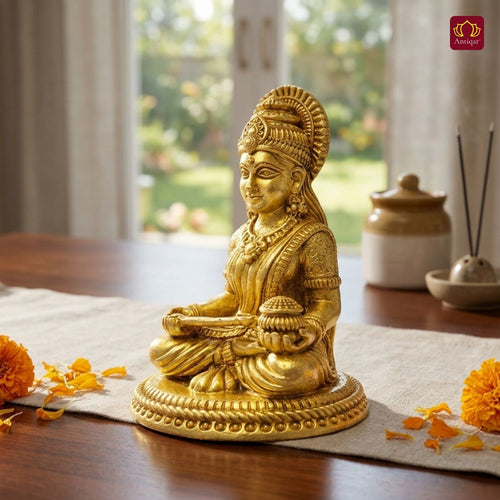 Brass Annapurna Devi Idol - 6cm | Antique Golden Finish | Spiritual Idol for Temple & Home Decor