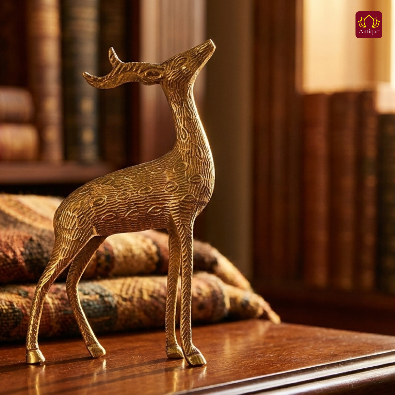 Antiqar Brass Deer Figurine with Antlers | Premium Superfine Finish | Handcrafted Artwork | Home & Office Décor | Ideal for Gifting