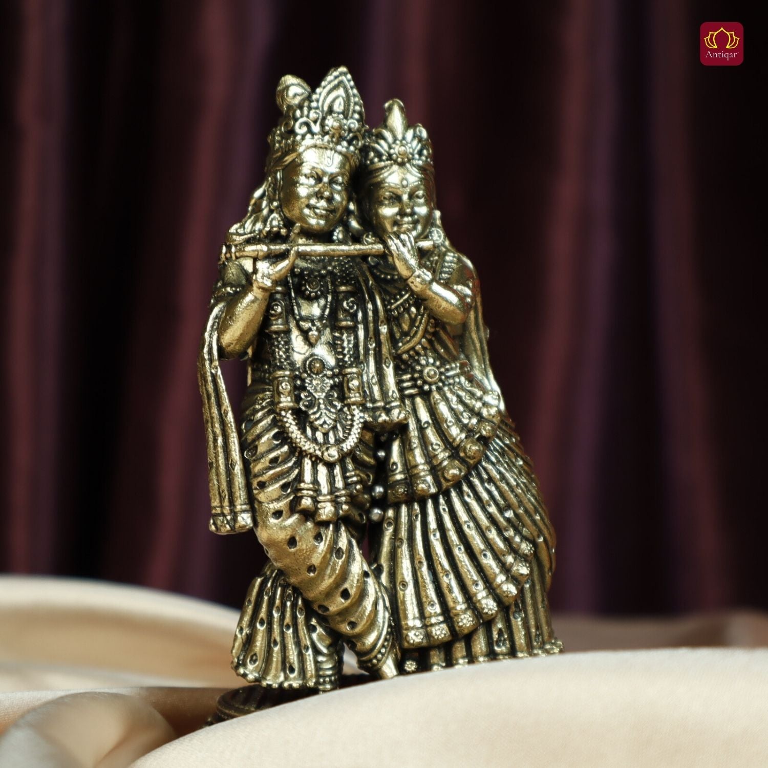 Brass Designer Radhakrishna Idol - 12cm | Antique Finish | Spiritual Idol for Temple & Home Decor