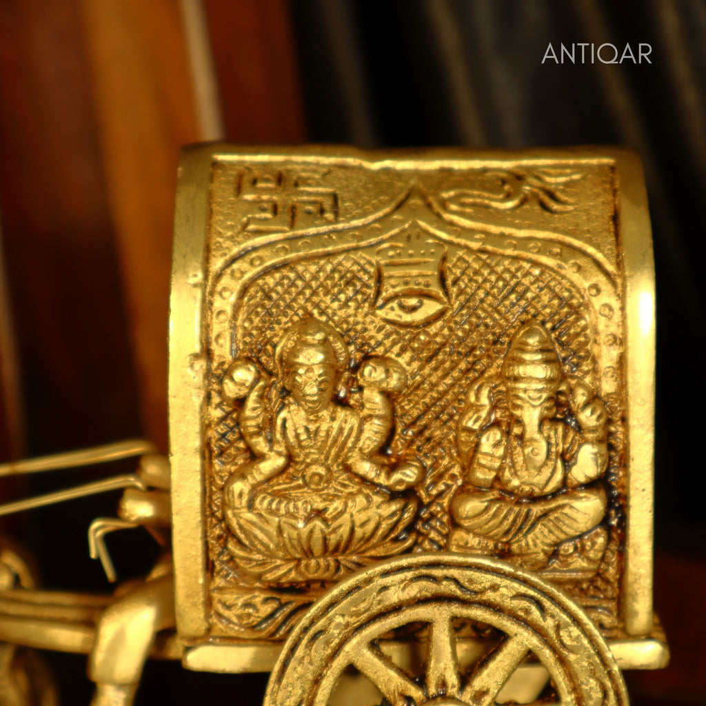 Brass Bullock Cart Showpiece – 10 cm | With Lakshmi & Ganesh Carving on Sides | Antique Golden Finish | Handcrafted Decor for Temple, Home & Festival Use