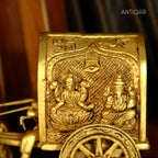Brass Bullock Cart Showpiece – 10 cm | With Lakshmi & Ganesh Carving on Sides | Antique Golden Finish | Handcrafted Decor for Temple, Home & Festival Use