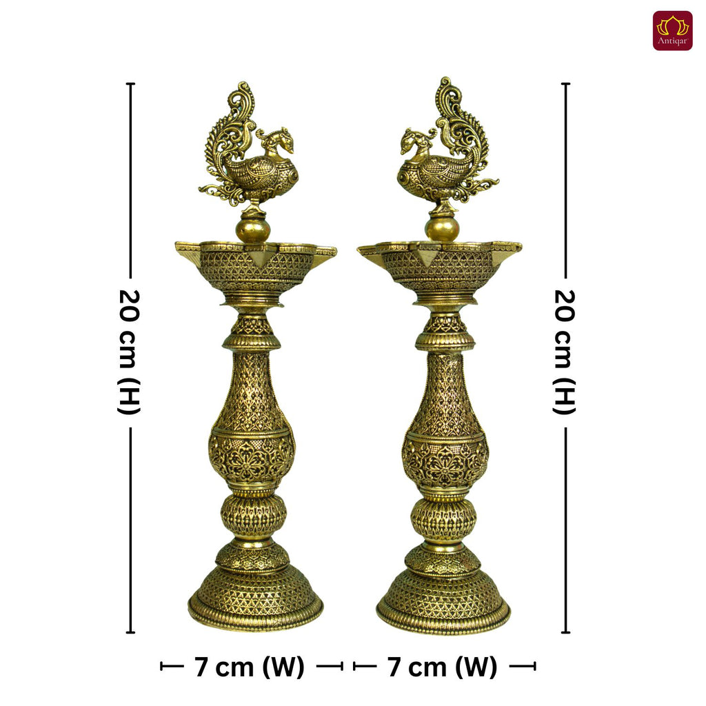 Brass Peacock Oil Lamp –20 cm | Antique Finish | Handcrafted Decor for Temple, Table & Home (Pack of 2)