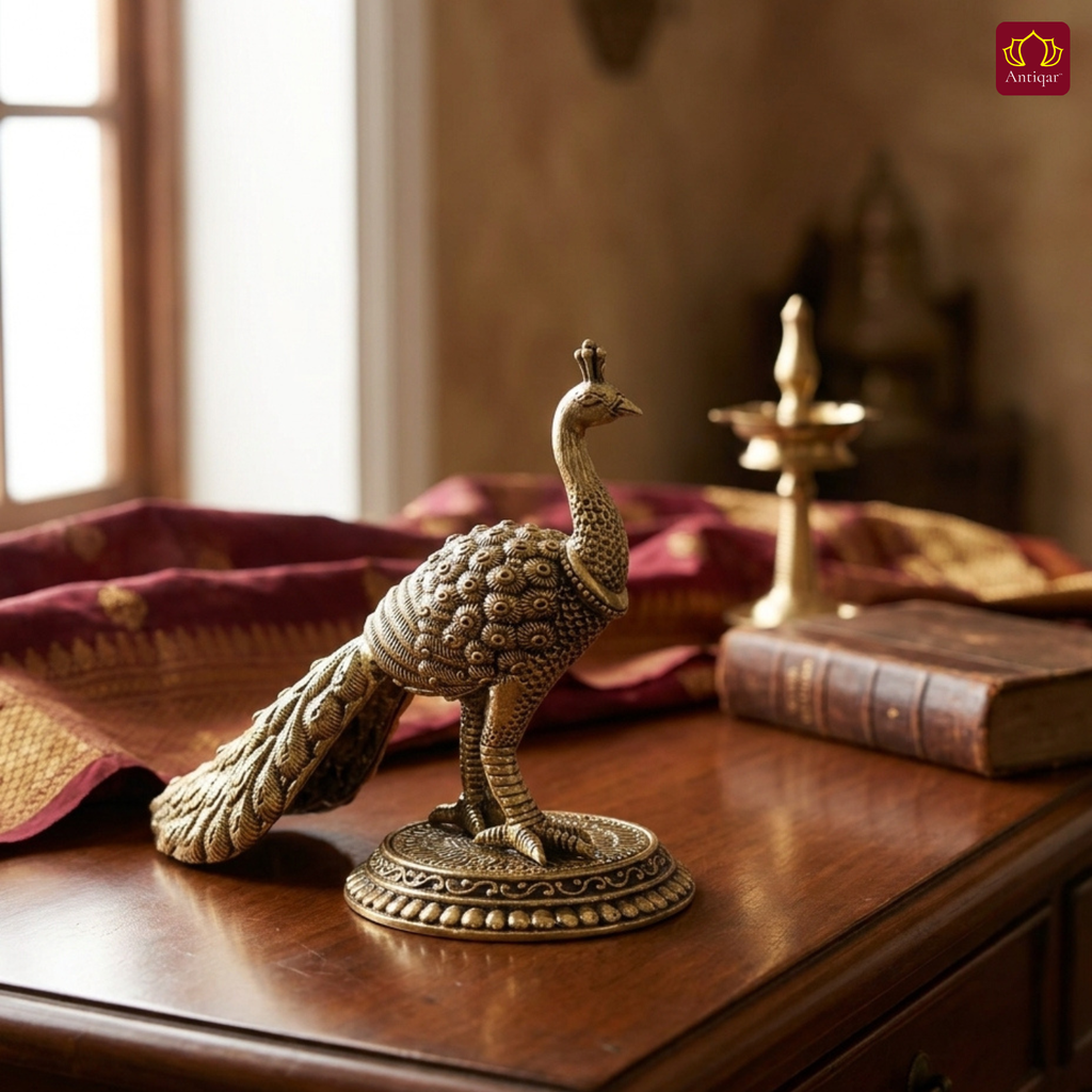 Brass Peacock Showpiece – 8 cm | Antique Finish | Handcrafted Decor for Temple, Table & Home