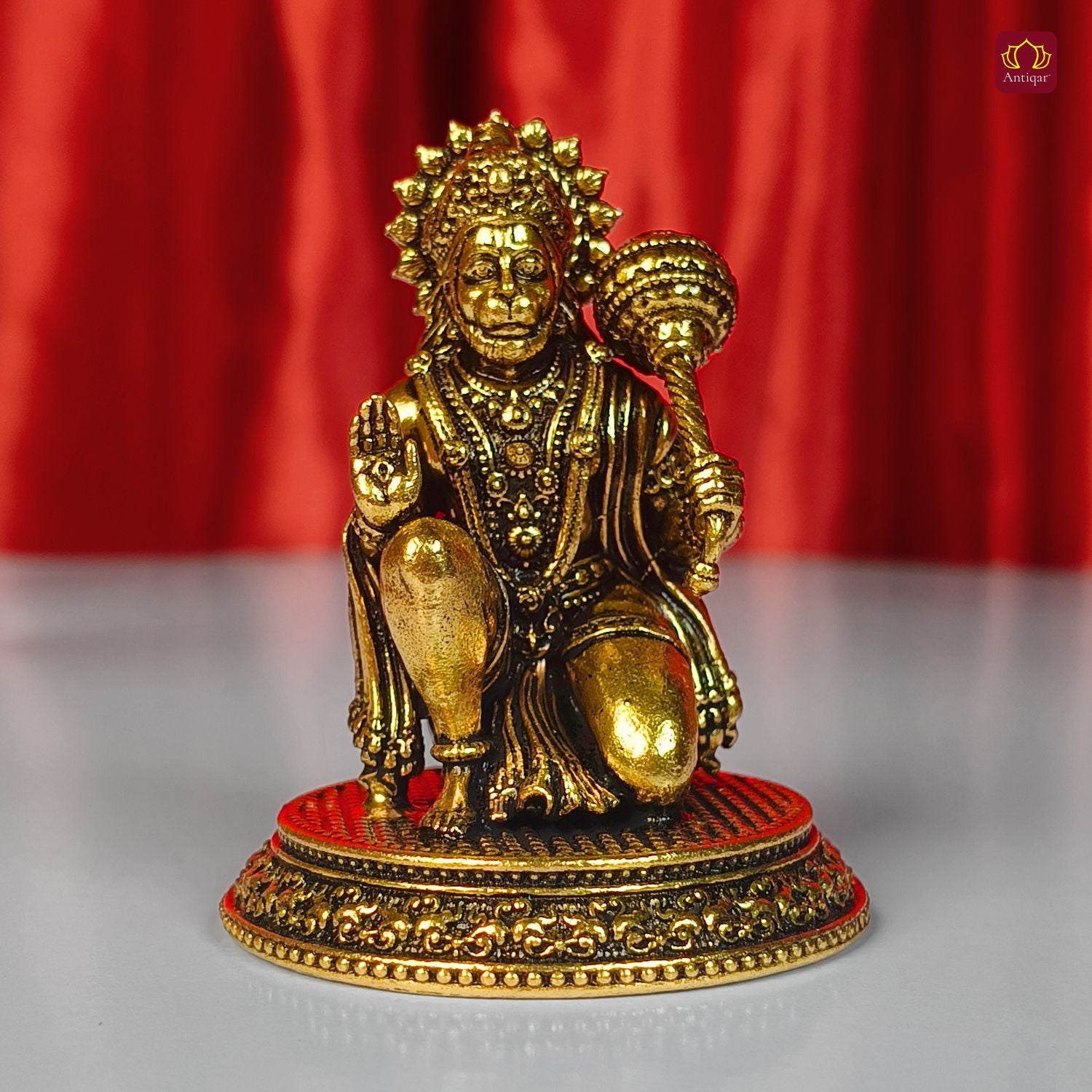 Brass Vintage Base Sitting Hanuman Ji Idol – 6cm | Antique Finish | Spiritual Idol for Temple, Home & Car Dashboard Decor