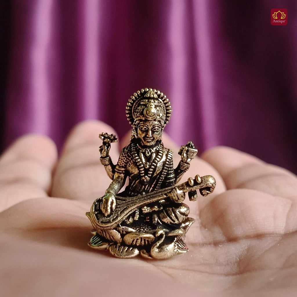 Brass Miniature Saraswati Ji Idol - 3cm | Antique Finish | Spritual use for Home, Temple & Car Dashboard Decor
