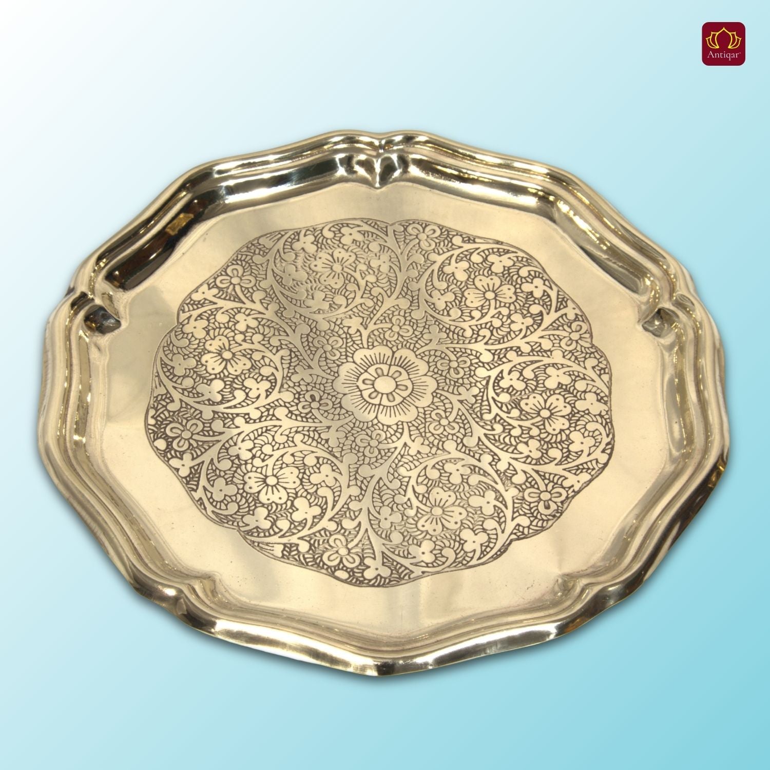 Brass Etching Design Plate - 20cm | Antique Golden Finish | Traditional use for Pooja in Temple, Festivals and Home