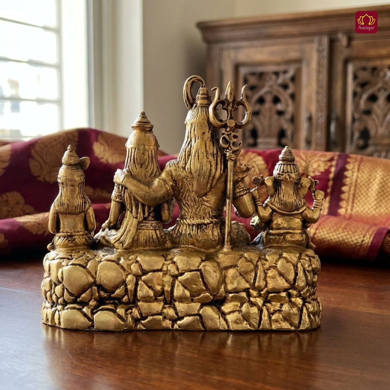 Brass Shiv Parivar Idol - 9cm | Antique Golden Finish | Spiritual Idol for Temple & Home Decor
