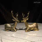 Dhokra Art Brass Deer Pair – 10 cm | Brown Antique Finish | Sitting Pose Tribal Handcrafted Showpiece for Home, Temple & Table Decor