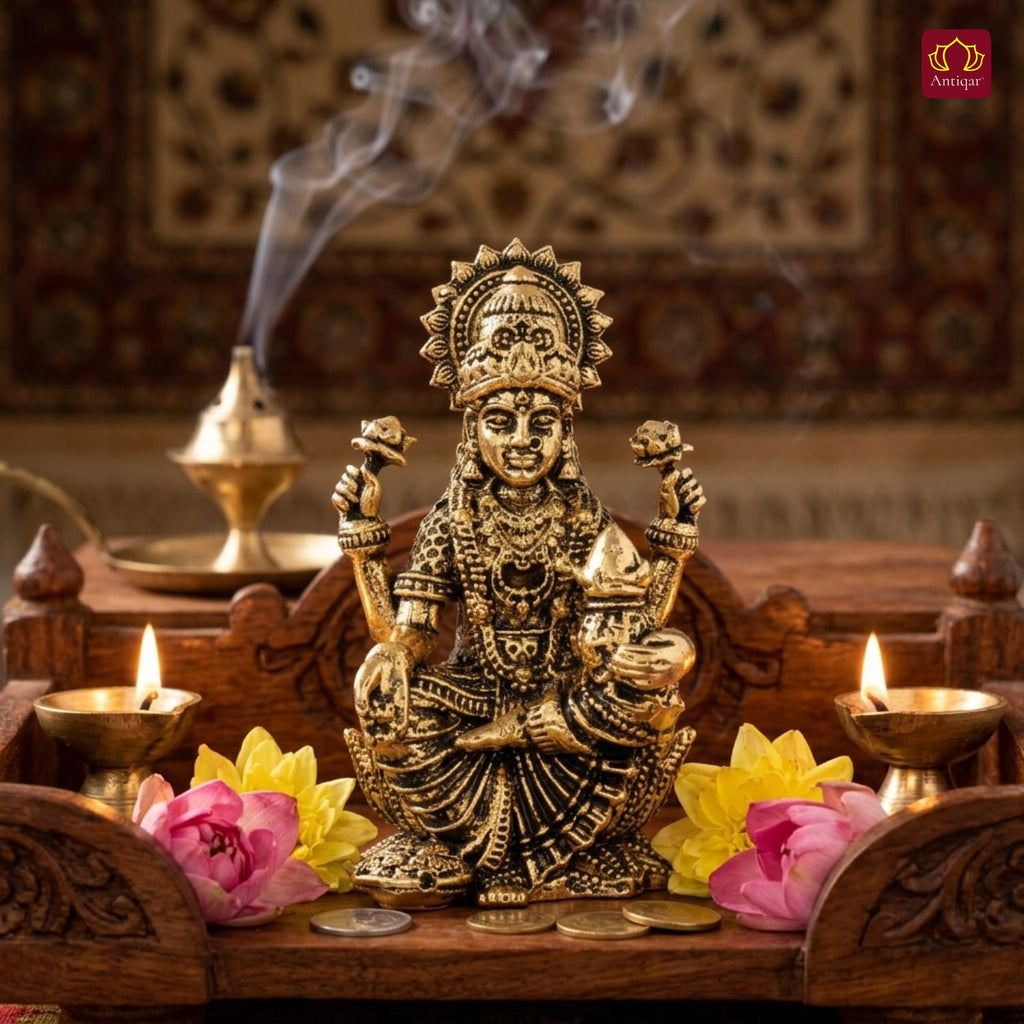 Brass Lakshmi JI Idol - 5cm | Golden Finish | Spiritual Decor for Temple, Home & Car Dashboard