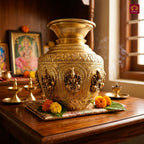 Brass Ashta Lakshmi Kalash - 15cm | Antique Yellow Finish | Spritual use for Pooja, Temple & Festival Decor