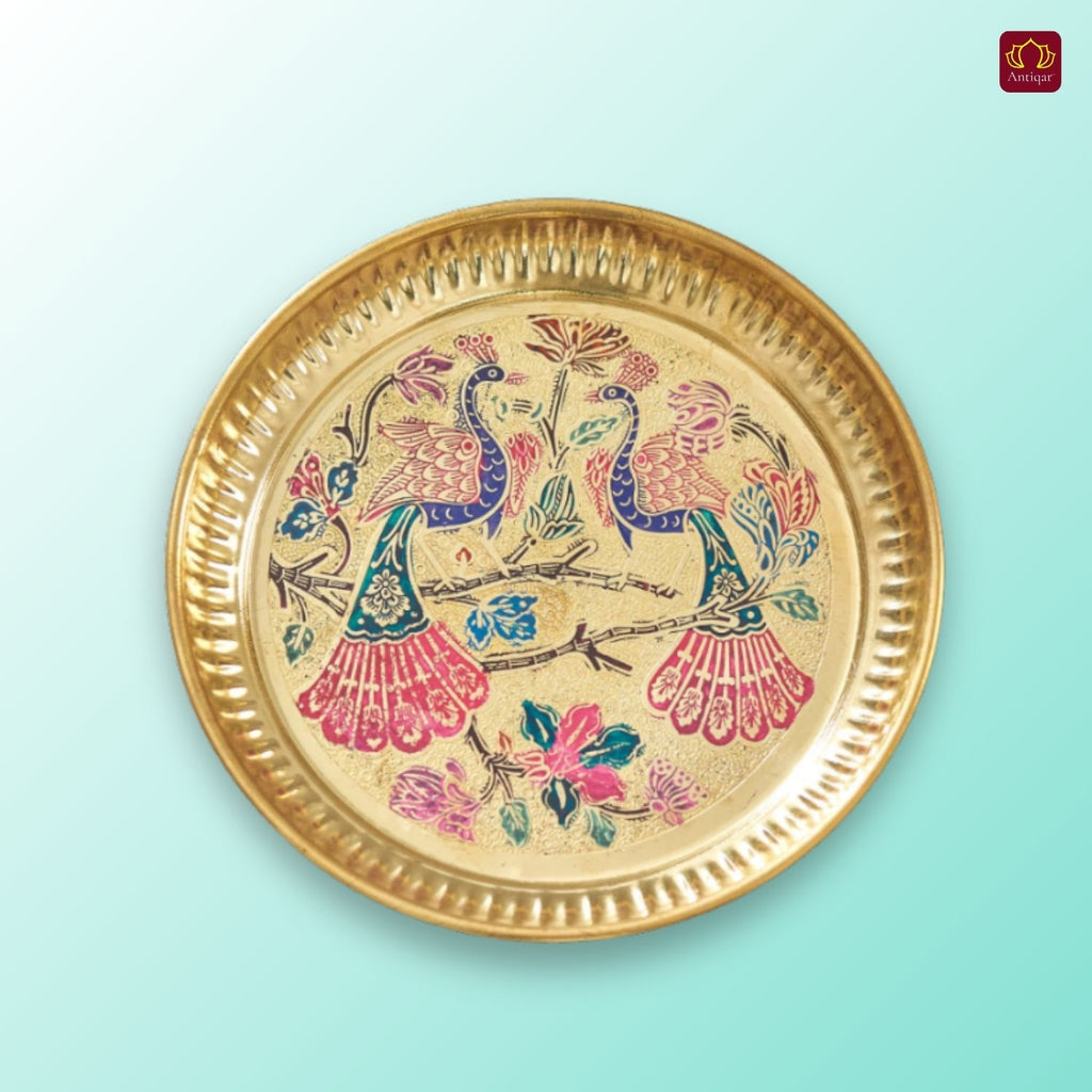 Brass Meenakari Etched Plate – 3cm | Embossed Peacock & Floral Design | Ideal for Serving Sweets, Fruits & Bhog Offerings