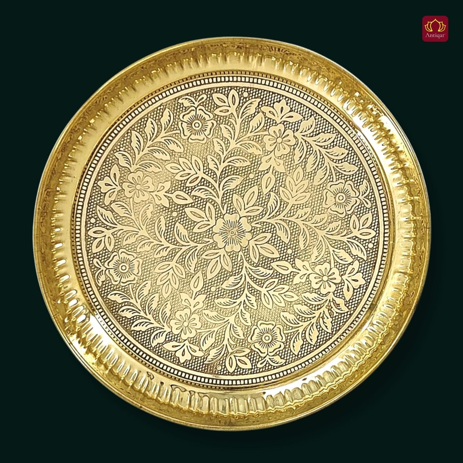 Brass Etching Floral Design Plate - 2cm | Serve Main Course items in Lunch & Dinner | Antique Golden Finish | Traditional Mughlai Style use for serving in Kitchen, Festivals and Restaurents