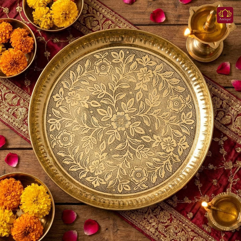 Brass Etching Floral Design Plate - 2.5cm | Serve Main Course items in Lunch & Dinner | Antique Golden Finish | Traditional Mughlai Style use for serving in Kitchen, Festivals and Restaurents