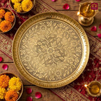 Brass Etching Floral Design Plate - 2.5cm | Serve Main Course items in Lunch & Dinner | Antique Golden Finish | Traditional Mughlai Style use for serving in Kitchen, Festivals and Restaurents