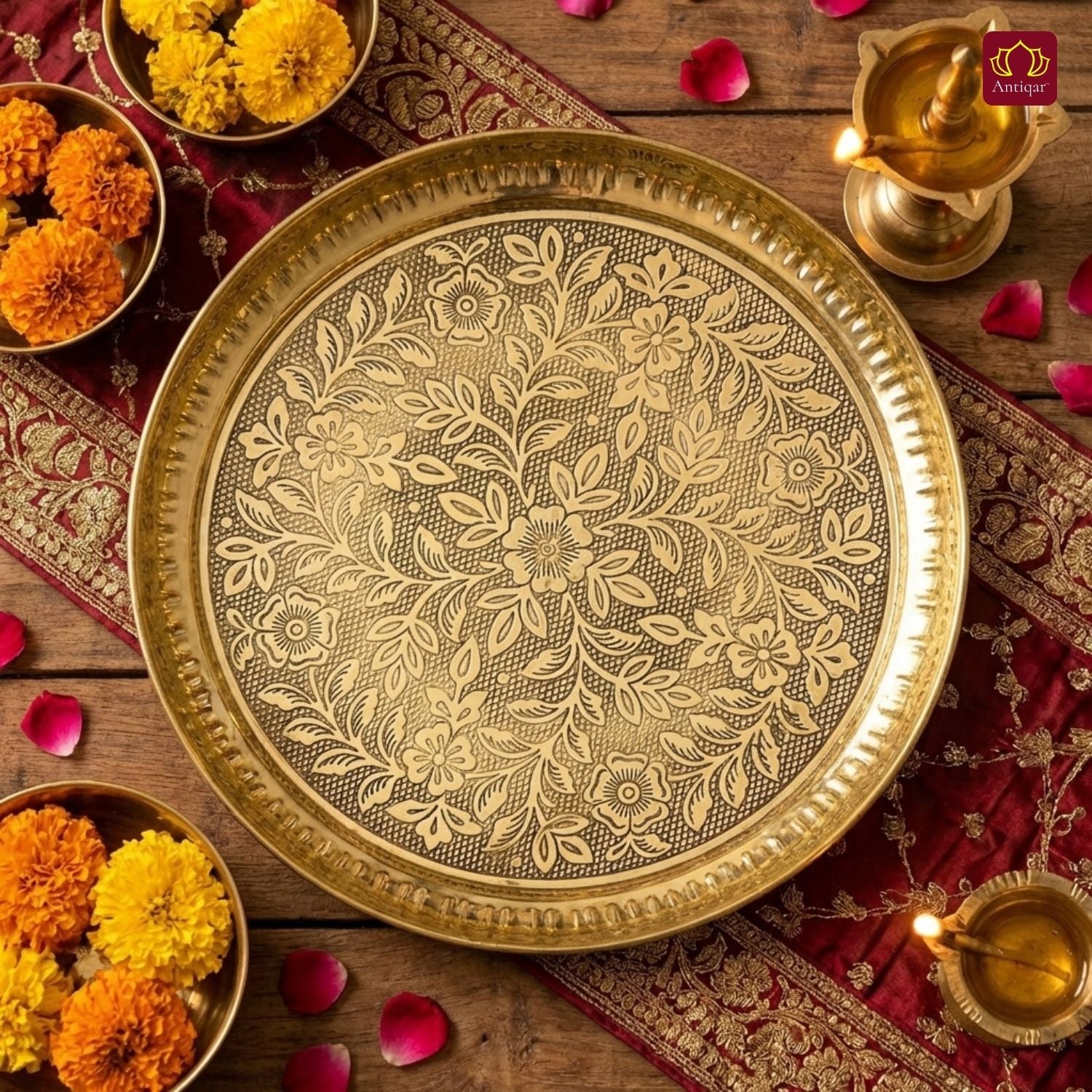 Brass Etching Floral Design Plate - 2cm | Serve Main Course items in Lunch & Dinner | Antique Golden Finish | Traditional Mughlai Style use for serving in Kitchen, Festivals and Restaurents