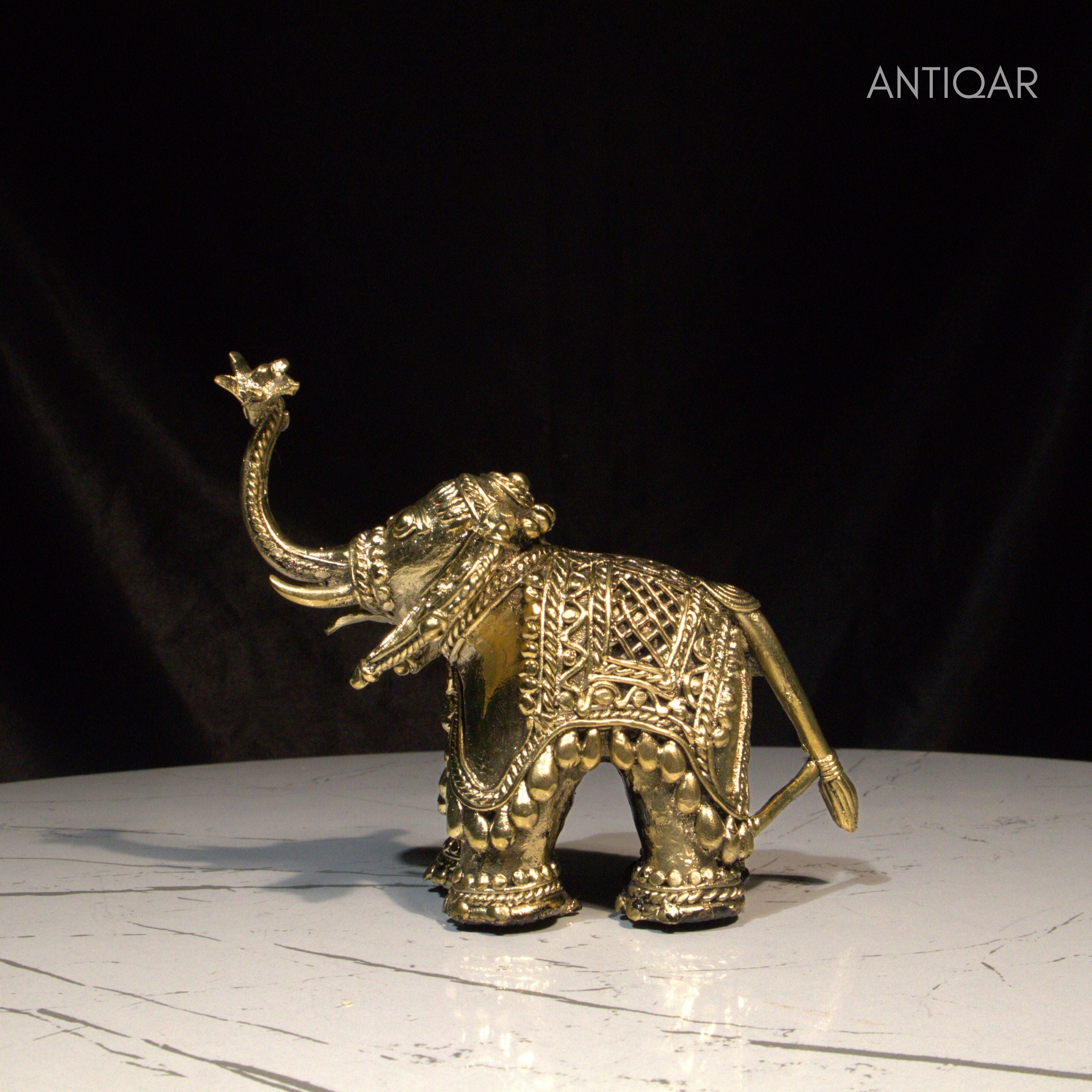 Dhokra Art Brass Laxmi Elephant – 12.5 cm | Antique Finish Tribal Handcrafted Showpiece for Temple, Home & Table Decor