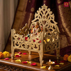 Brass Twin Peacock Embossed Design Laddu Gopal Singhasan – 19cm | Antique Golden Finish | Handcrafted Medium Size Throne for Temple, Home & Festival Decor