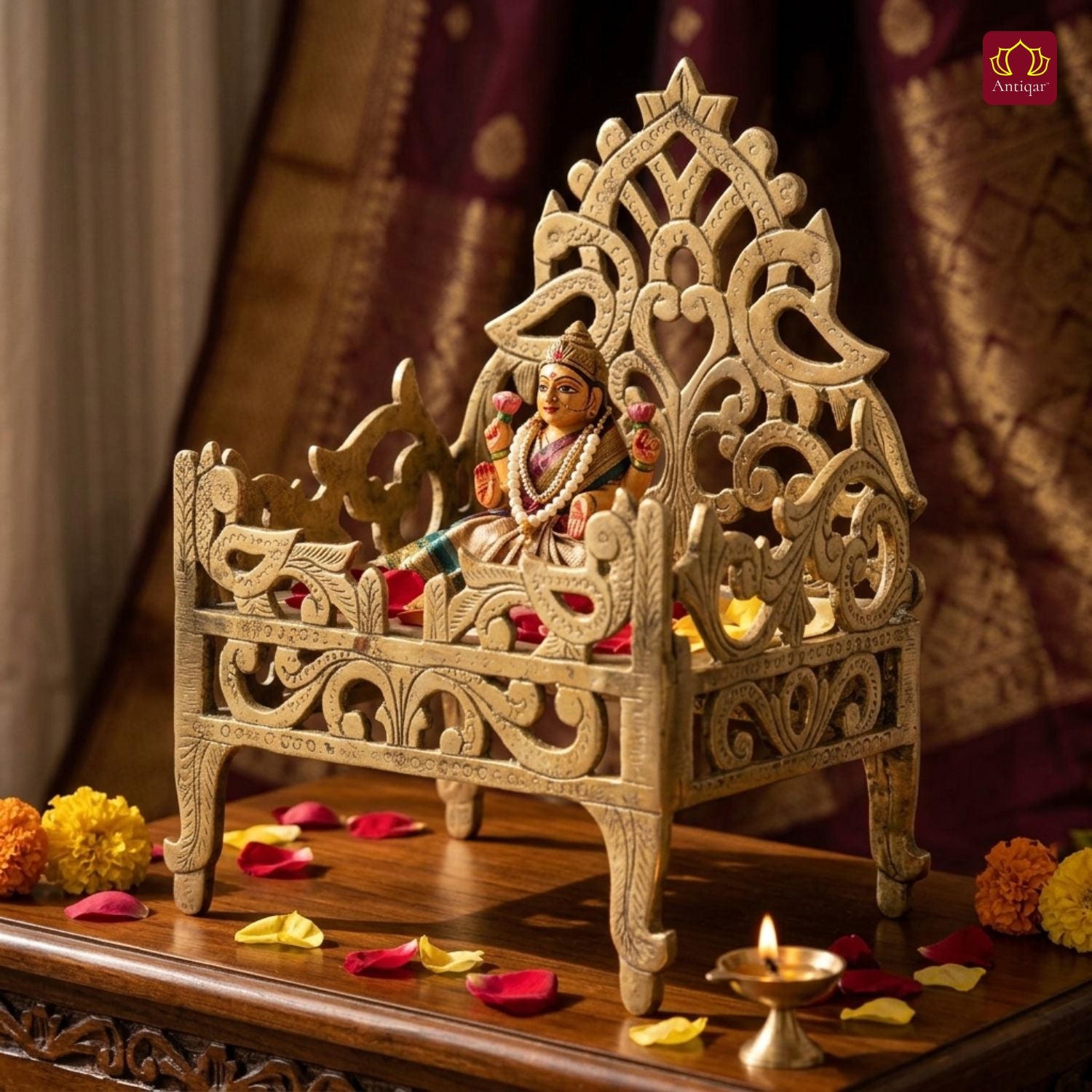 Brass Twin Peacock Embossed Design Laddu Gopal Singhasan – 19cm | Antique Golden Finish | Handcrafted Medium Size Throne for Temple, Home & Festival Decor