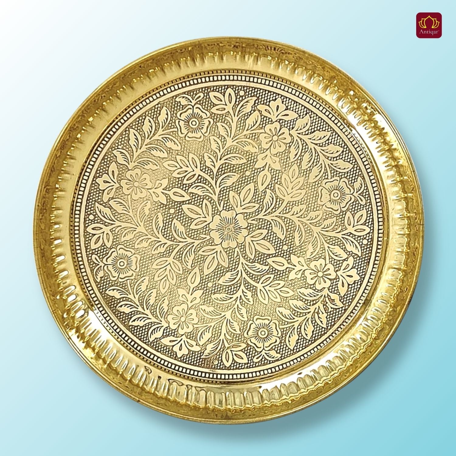 Brass Etching Floral Design Plate - 2cm | Serve Main Course items in Lunch & Dinner | Antique Golden Finish | Traditional Mughlai Style use for serving in Kitchen, Festivals and Restaurents