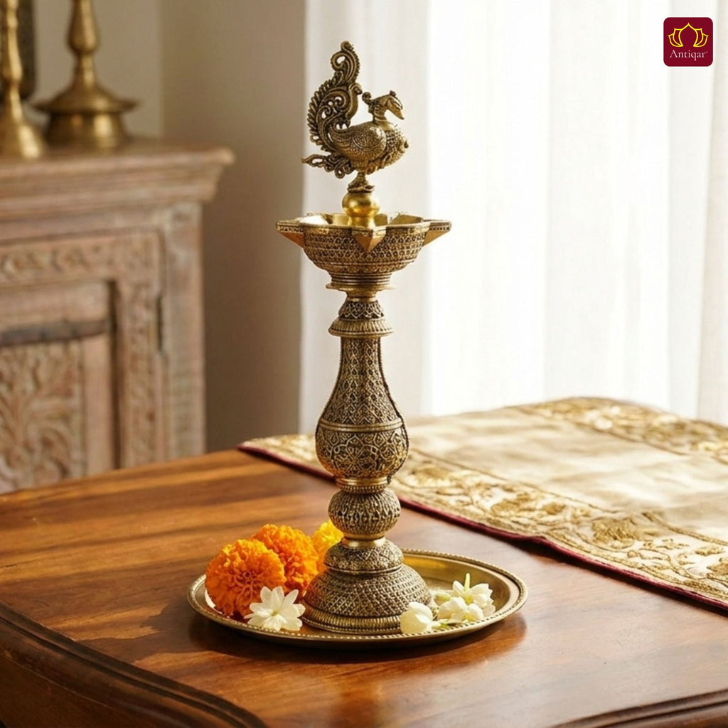 Brass Peacock Oil Lamp –20 cm | Antique Finish | Handcrafted Decor for Temple, Table & Home