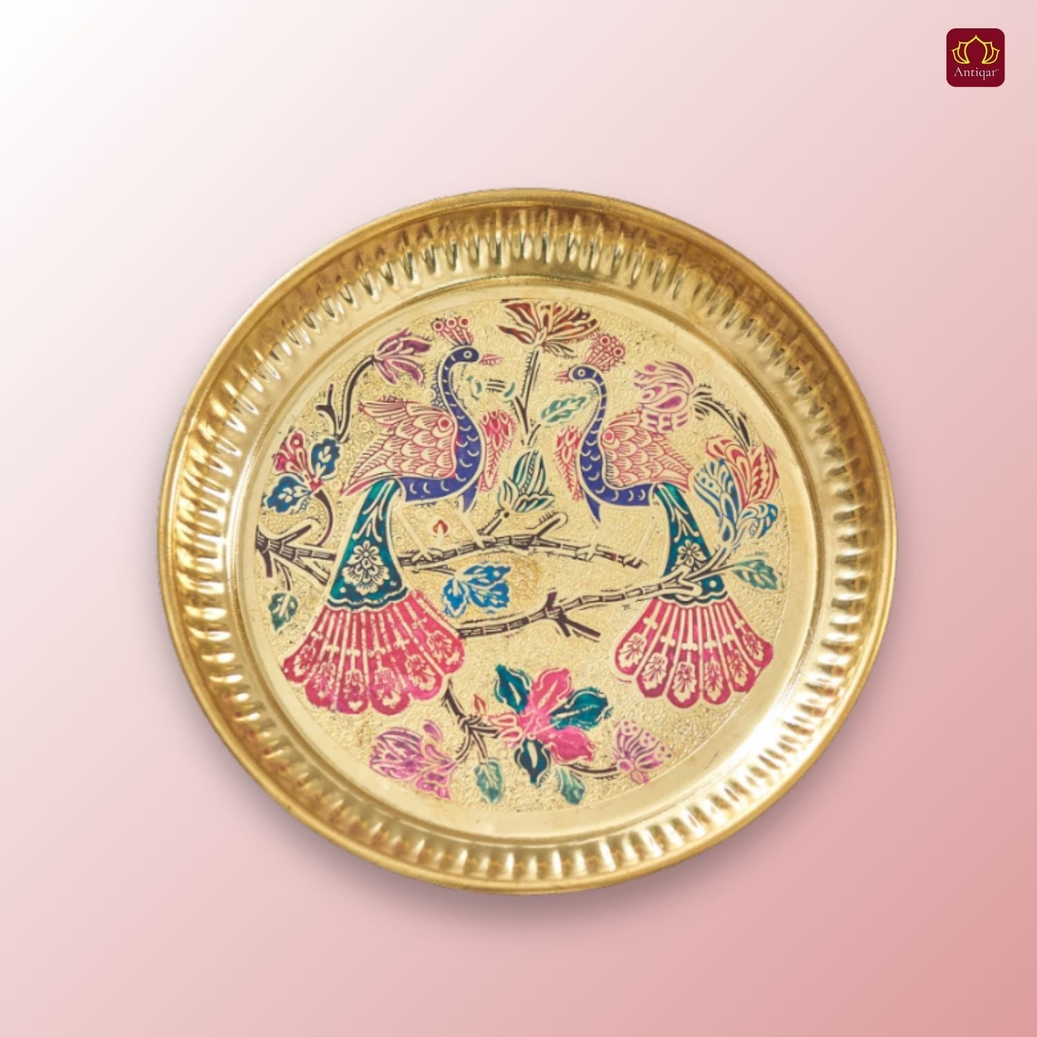 Brass Meenakari Art Design Plate - 2.5cm | Serve Main Course items in Lunch & Dinner | Antique Golden Finish | Traditional Mughlai Style use for serving in Kitchen, Festivals and Restaurents