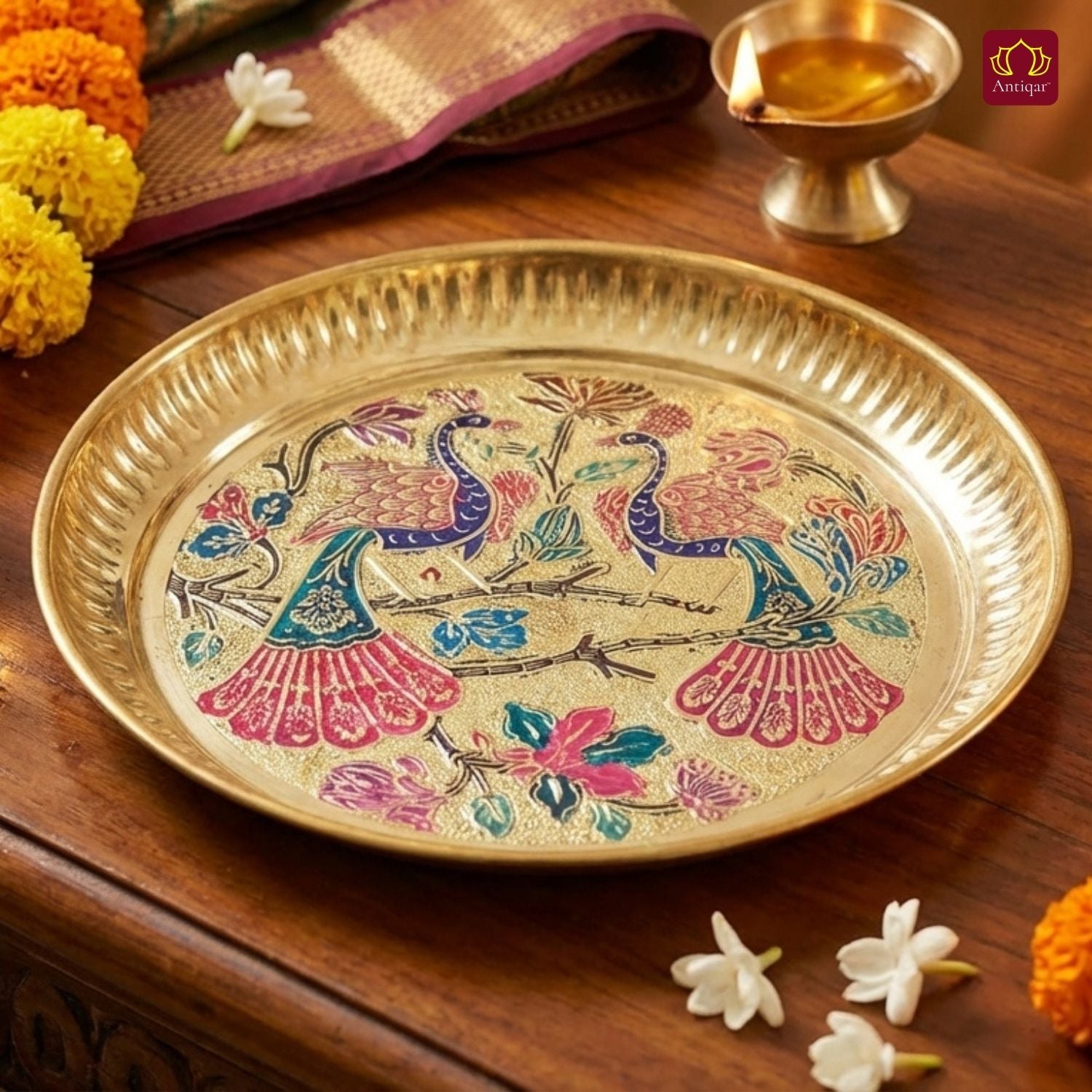 Brass Meenakari Etched Plate – 3cm | Embossed Peacock & Floral Design | Ideal for Serving Sweets, Fruits & Bhog Offerings