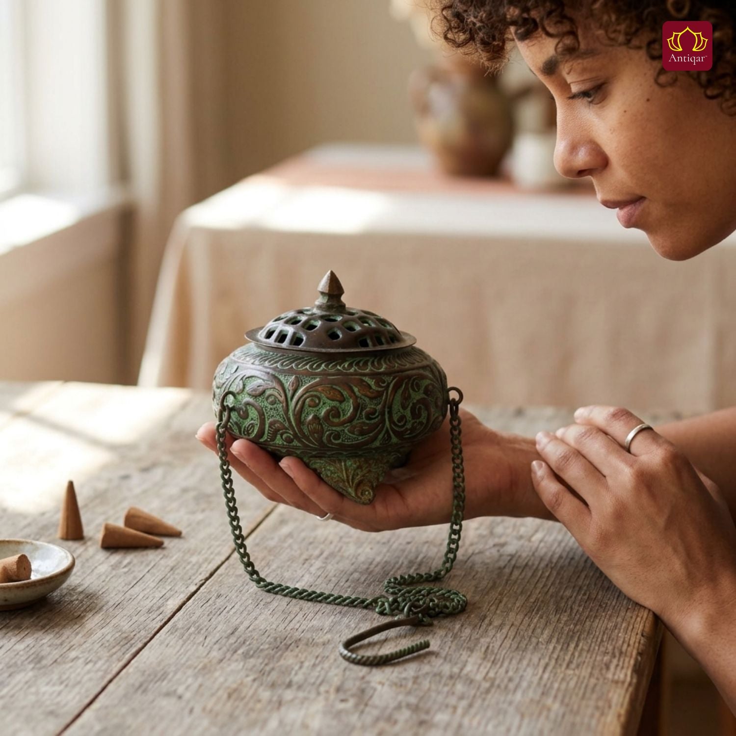 Antique Brass Incense Burner with Chain - 11cm  | Green Patina Finish | Decorative Vessel use for Meditation , Rituals & Aromatherapy