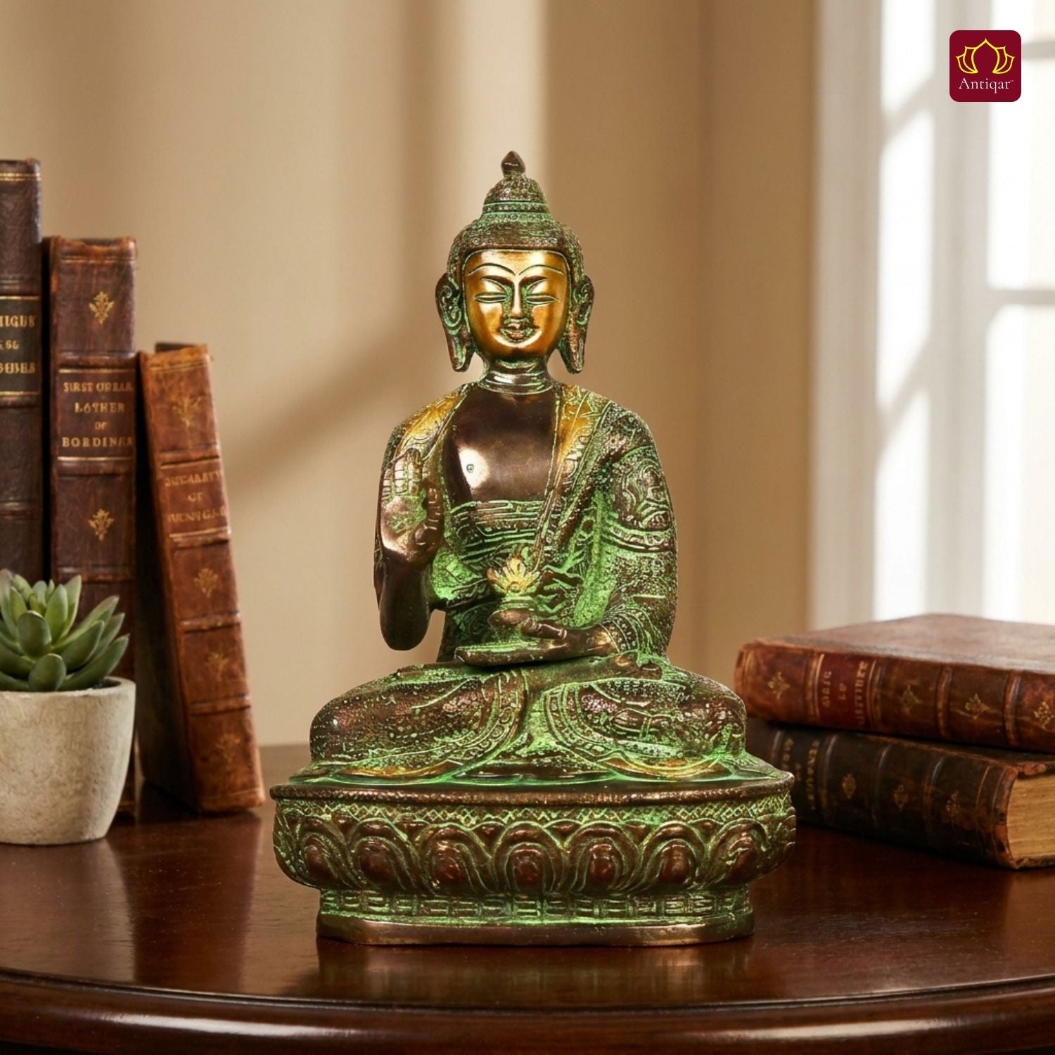 Brass Buddha Statue | Black Antique & Green Patina Finish | Home & Office Décor | Perfect for Meditation, Gifting & Spiritual Ambiance