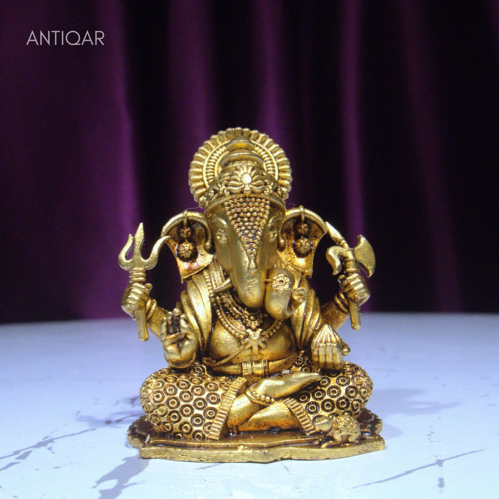 Brass Ganesh Idol - 6.5cm | Antique Finish | Spritual use for Home, Temple & Car dashboard Decor