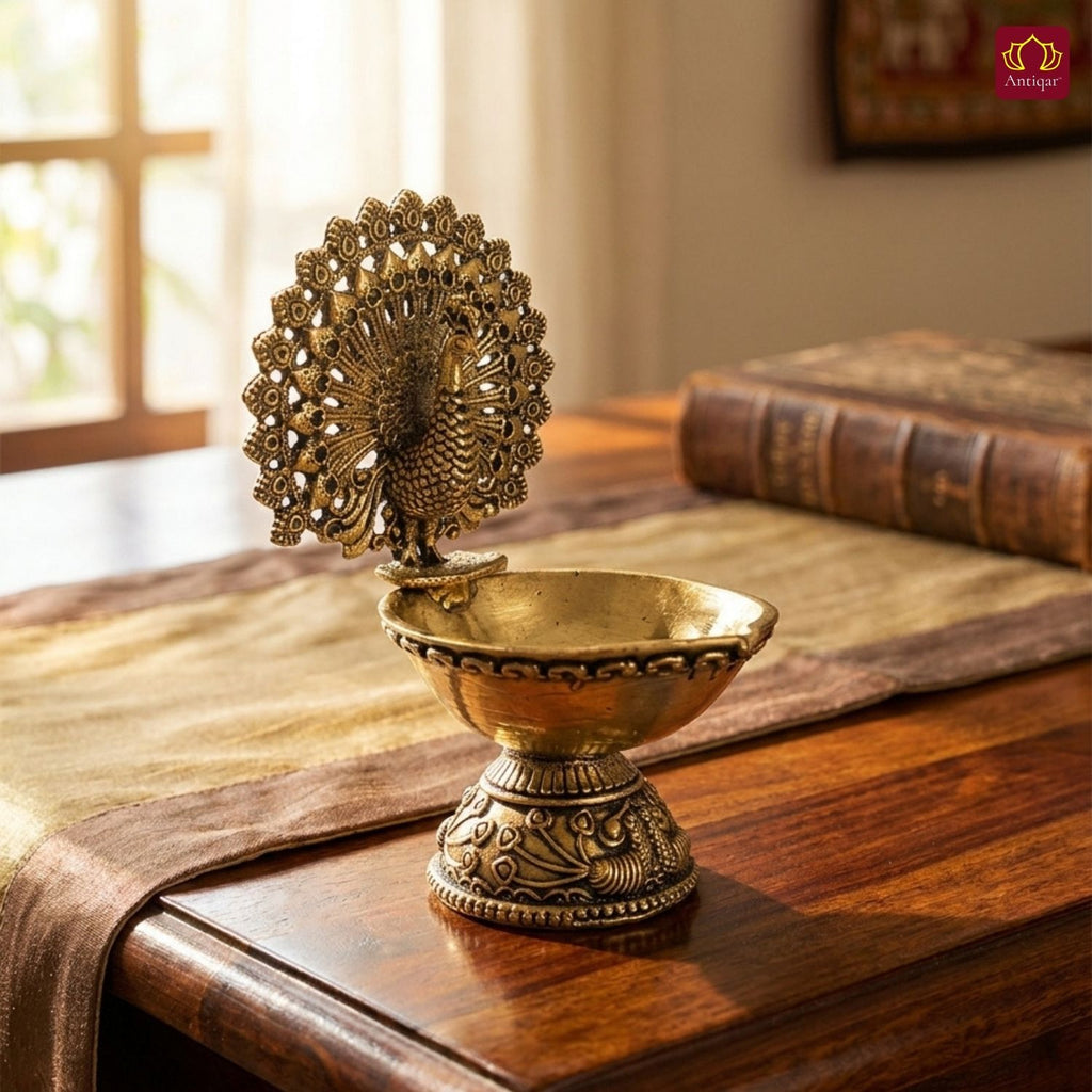 Brass Dancing Peacock on Diya - 7cm | Antique Finish | Spritual use for Pooja, Temple & Festival Decor