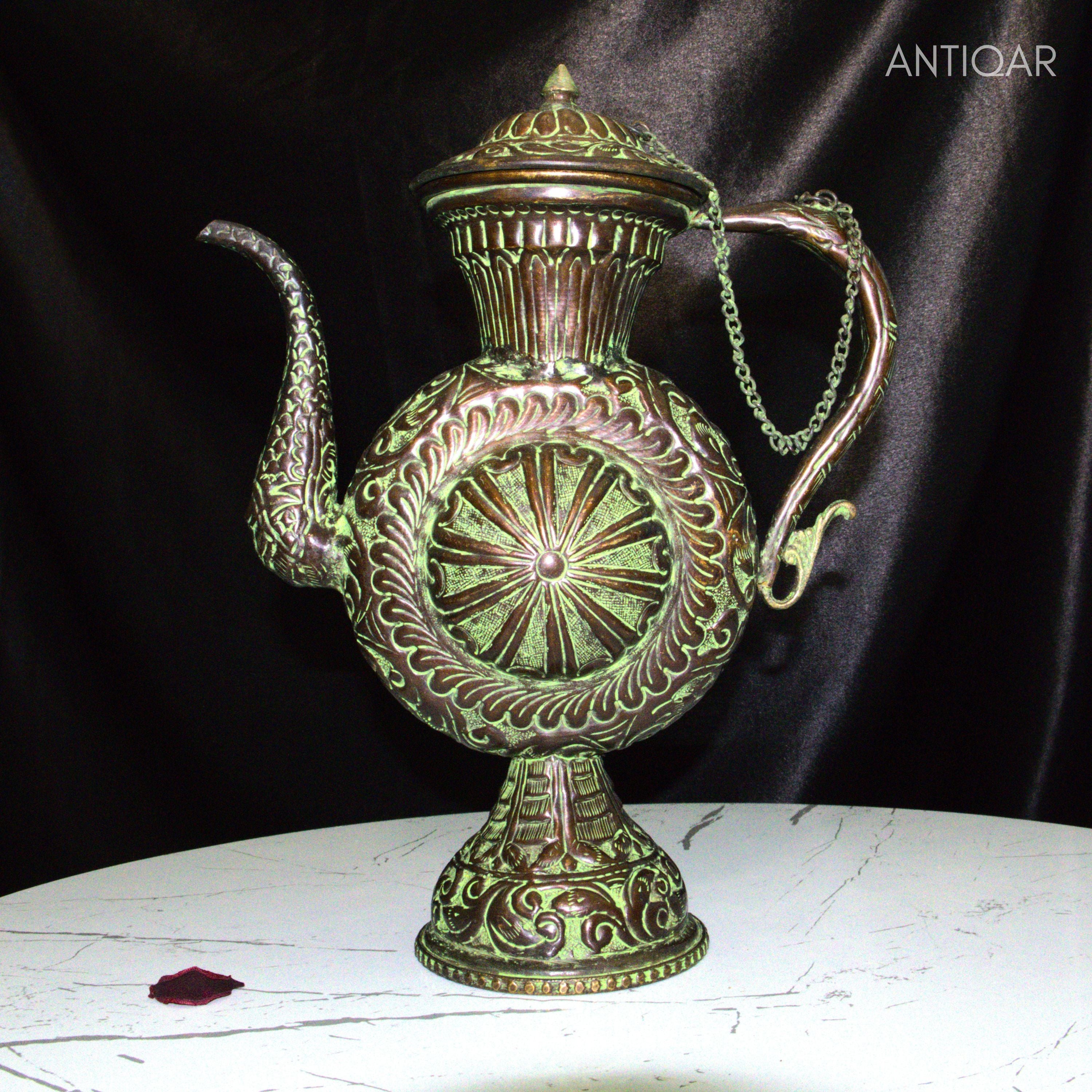 Antique Brass Tea & Coffee Kettle - 29cm | Green Patina Finish | Vintage  Mughlai Style use in Home,Office & Restaurant Decor