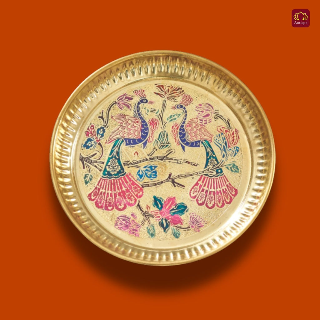 Brass Meenakari Art Design Plate - 2cm | Serve Main Course items in Lunch & Dinner | Antique Golden Finish | Traditional Mughlai Style use for serving in Kitchen, Festivals and Restaurents