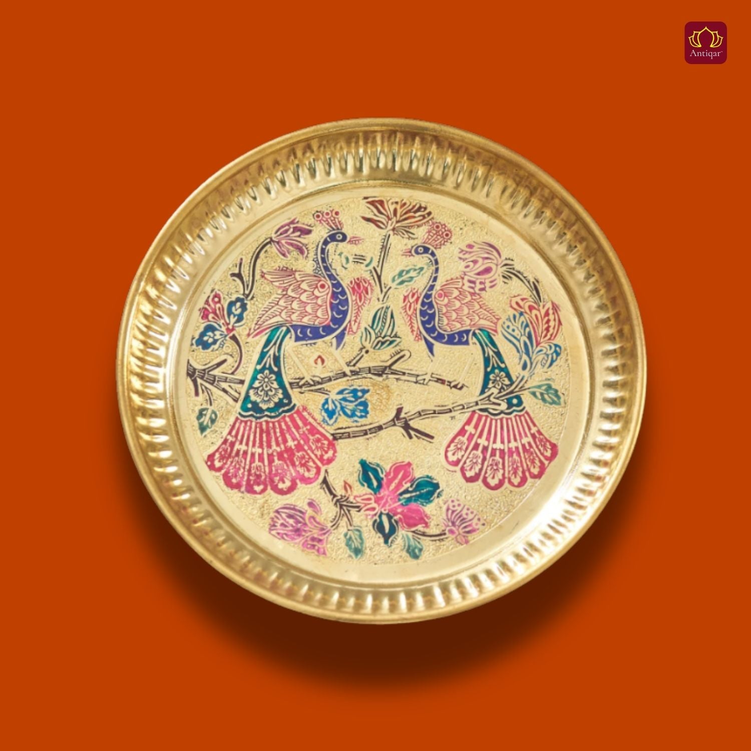 Brass Meenakari Art Design Plate - 2cm | Serve Main Course items in Lunch & Dinner | Antique Golden Finish | Traditional Mughlai Style use for serving in Kitchen, Festivals and Restaurents