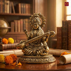 Brass Saraswati Idol - 6.5cm | Antique Finish | Spritual use for Home,Temple & Car Dashboard Decor