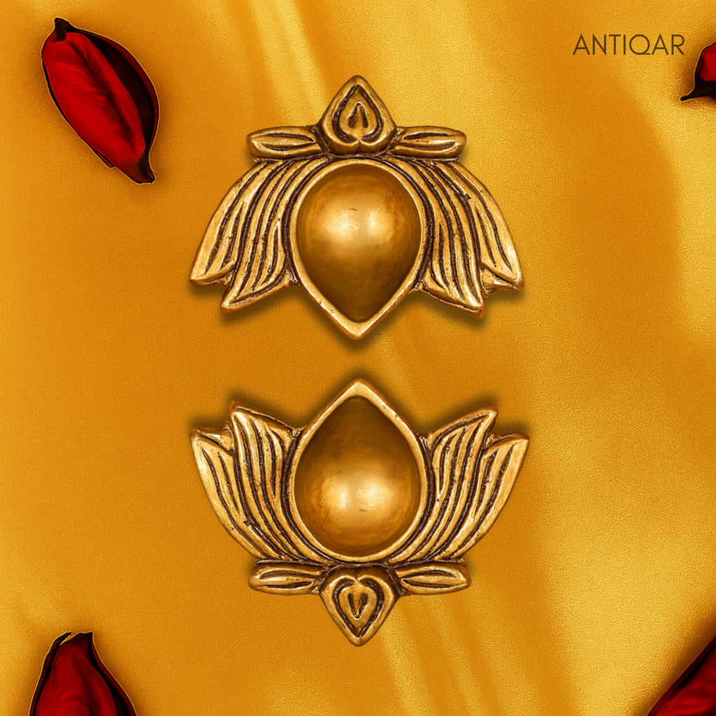 Brass Lotus Diya -2cm | Antique Golden Finish | Handcrafted for Pooja Temple & Festival Decor (Set of 2)