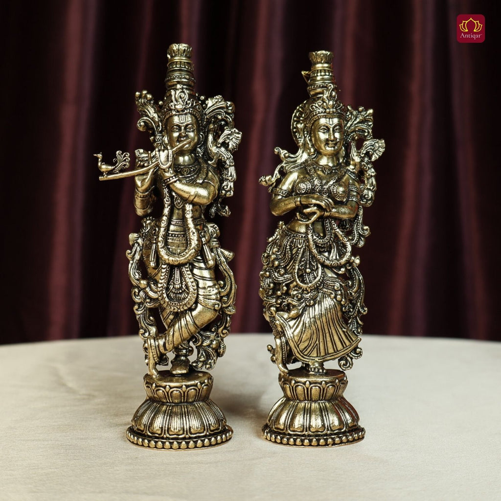 Brass Designer Radhakrishna Idol - 15cm | Antique Finish | Spiritual Idol for Temple & Home Decor
