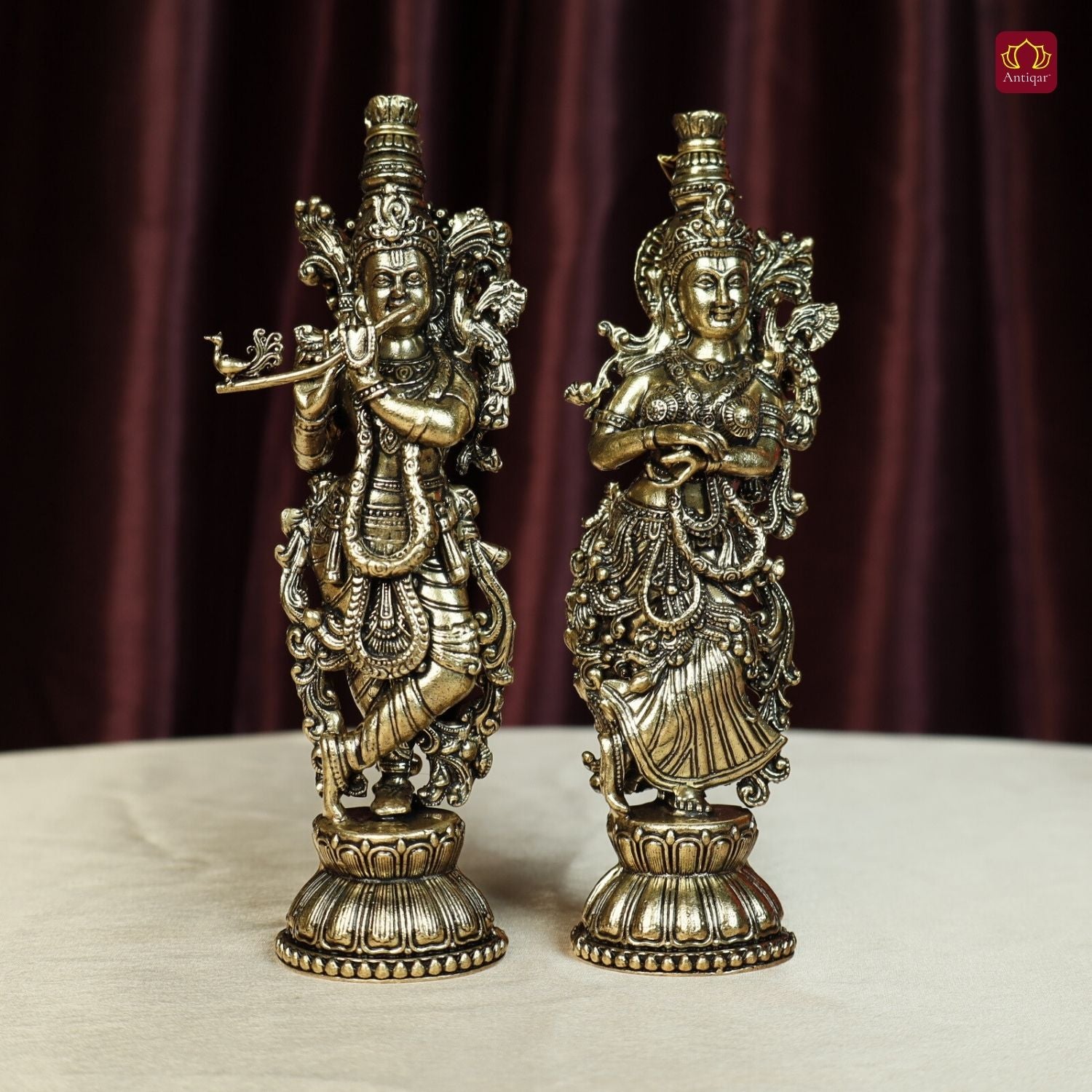 Brass Designer Radhakrishna Idol - 15cm | Antique Finish | Spiritual Idol for Temple & Home Decor