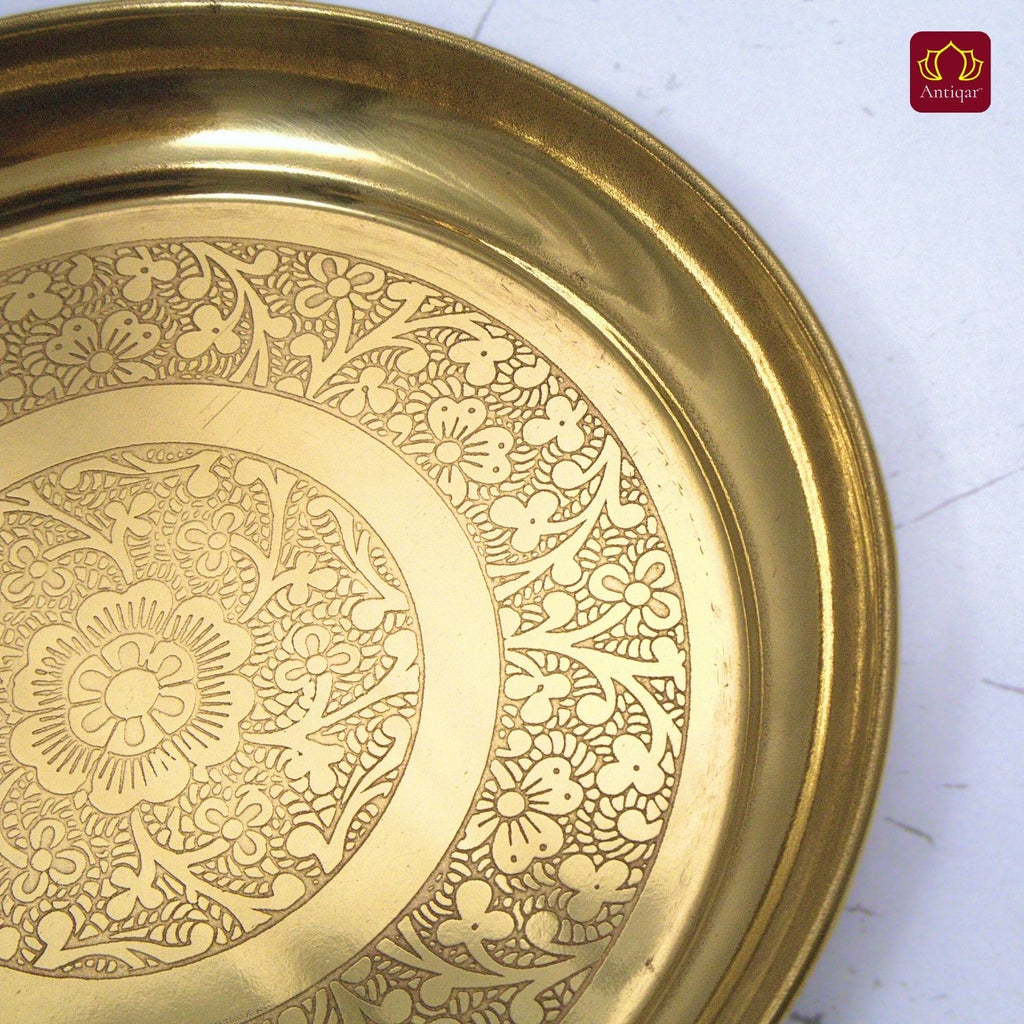 Brass Etching Design Plate - 2cm | Serve Main Course items in Lunch & Dinner | Antique Golden Finish | Traditional Mughlai Style use for serving in Kitchen, Festivals and Restaurents