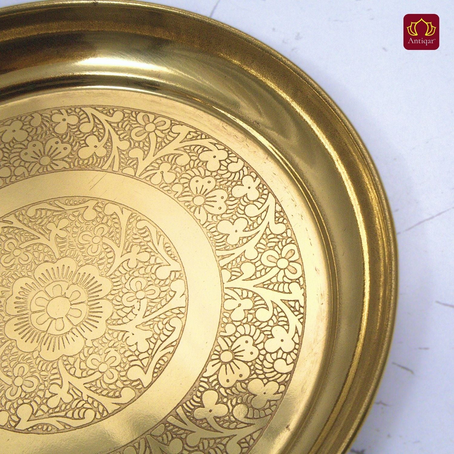 Brass Etching Design Plate - 2cm | Serve Main Course items in Lunch & Dinner | Antique Golden Finish | Traditional Mughlai Style use for serving in Kitchen, Festivals and Restaurents