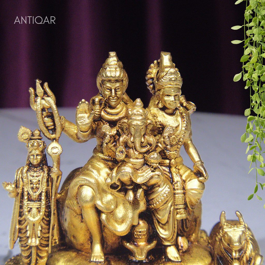 Brass Shiv Parivar Idol - 7.5cm | Antique Golden Finish | Spiritual Idol for Temple & Home Decor