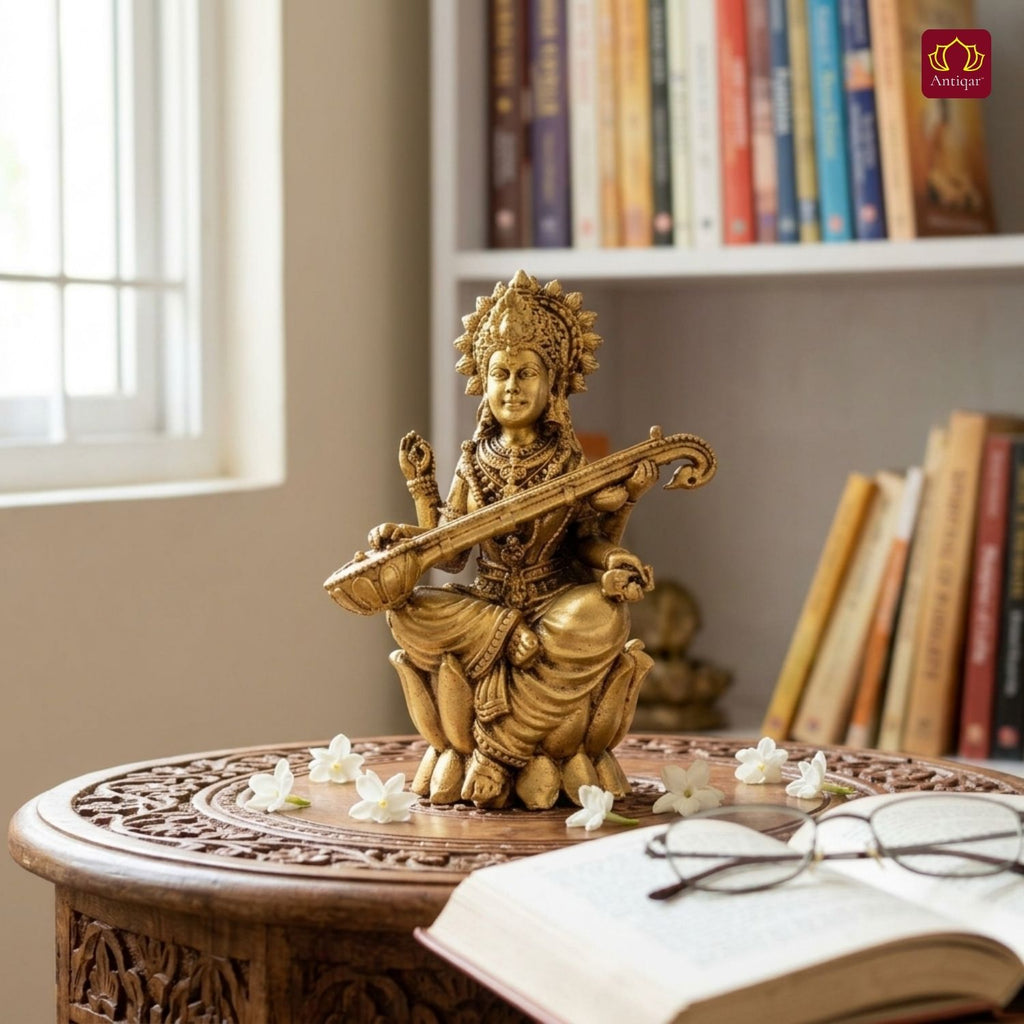 Brass Saraswati Ji Idol - 7.5cm | Antique Golden Finish | Spiritual Idol for Temple & Home Decor