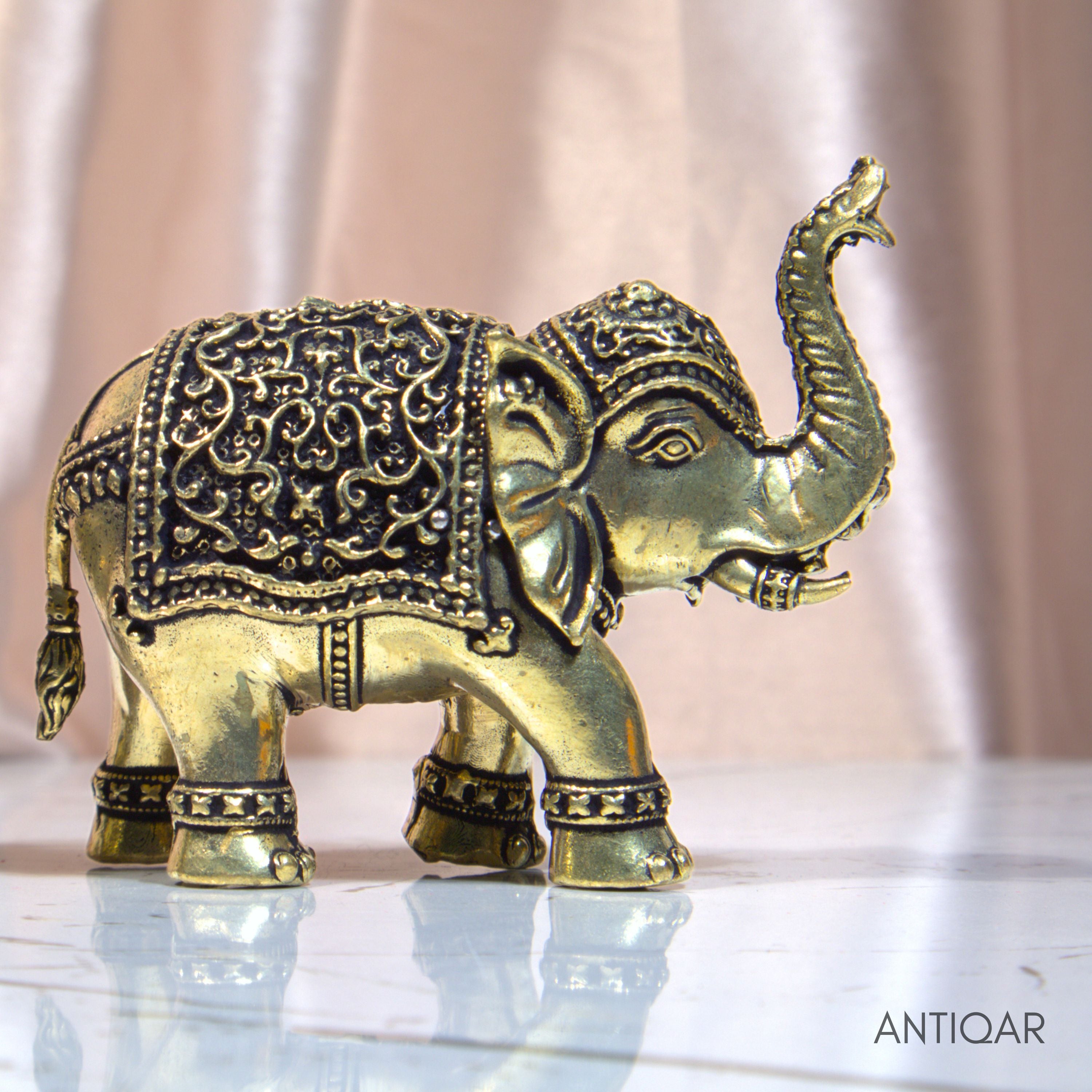 Brass Elephant Pair Showpiece in Vintage Design - 5cm | Antique Golden Finish | Decorative Figurines for Temple, Home & Office (Pack of 2)